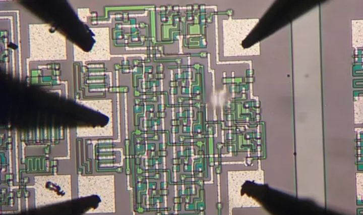 The probe is connected to the circuit on the wafer